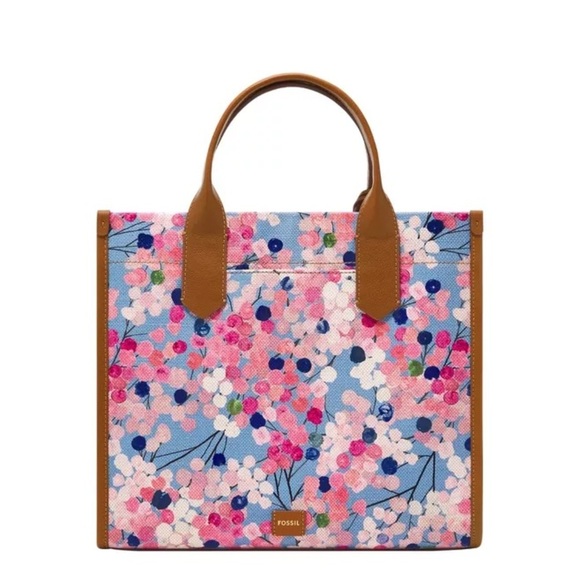 NWT FOSSIL Kyler Leather Canvas Large Tote Pink Blue Floral - Picture 1 of 6